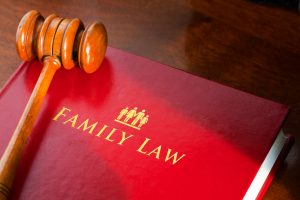 Red book with the words "Family Law" printed on it. A gavel sits on top.