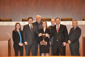 Brad Eric Franklin, Hayley Hervieux, and Chase Newsom winner of the school’s 123rd national advocacy championship with Dean Gutter and Dean Treece 