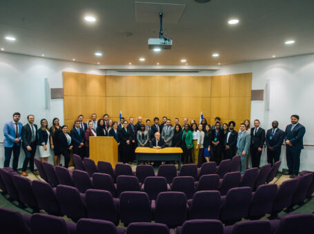 I-LAP Tour delegates receive a briefing from the Hon. Justice Neal Hendel of the Israel Supreme Court. Three South Texas College of Law Houston students participated on the international tour, exposing them to the geopolitical, military, and social challenges of the region.