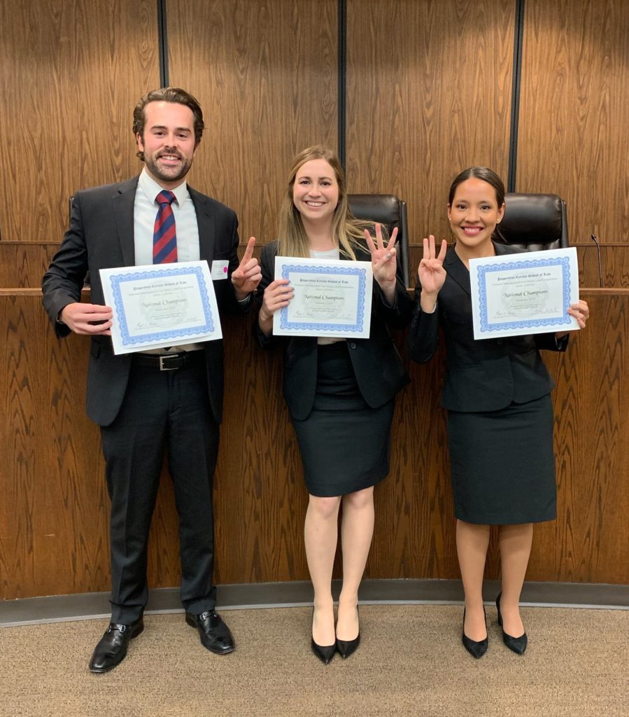 The student team of Marcela Arevalo, Casidy Newcomer, and Clayton Hart remained undefeated throughout the three-day 20thAnnual National Entertainment Law Moot Court Tournament, hosted by Pepperdine University